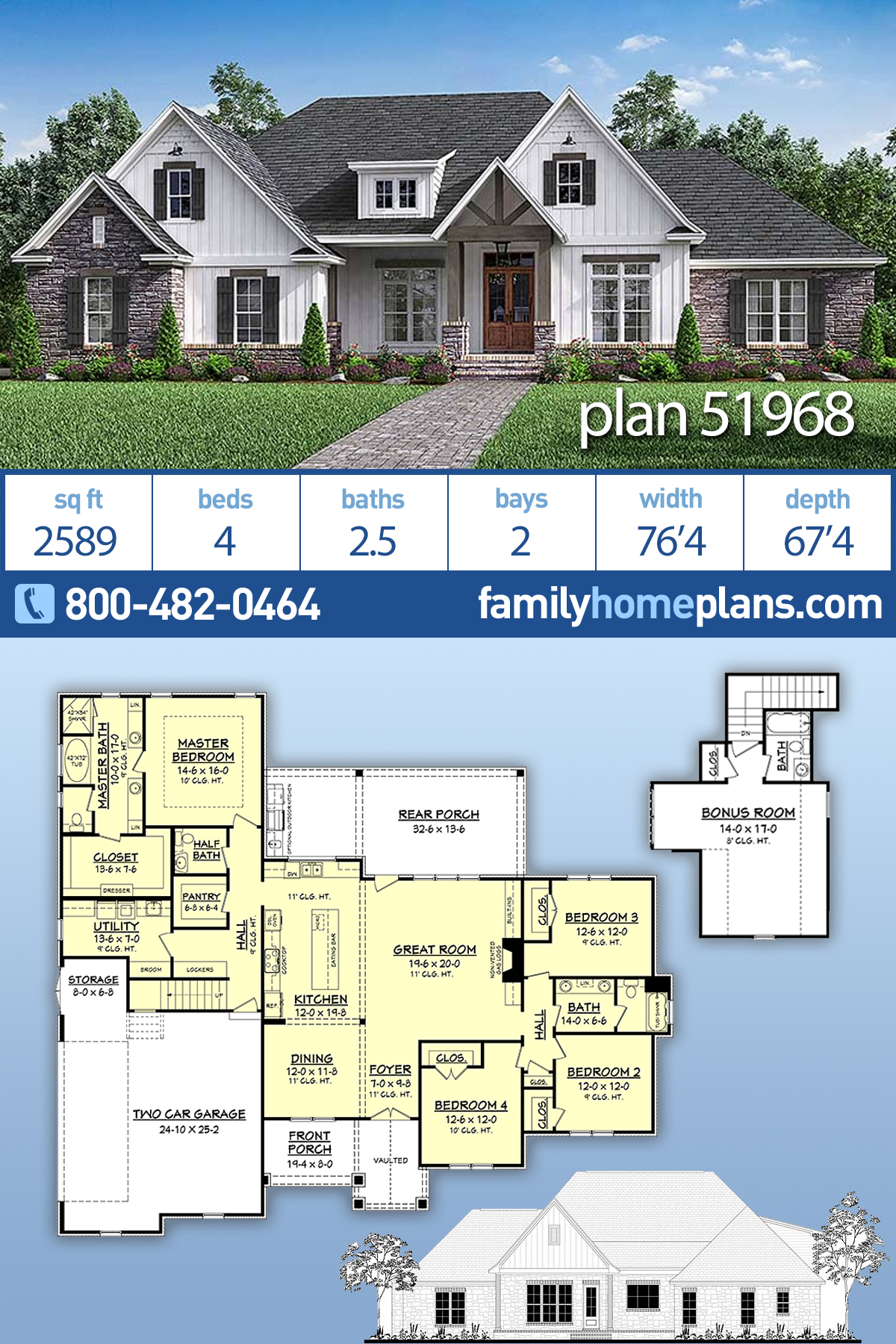 House Plan 51968 - Traditional Style with 2589 Sq Ft, 4 Bed, 2 Bath, 1 ...