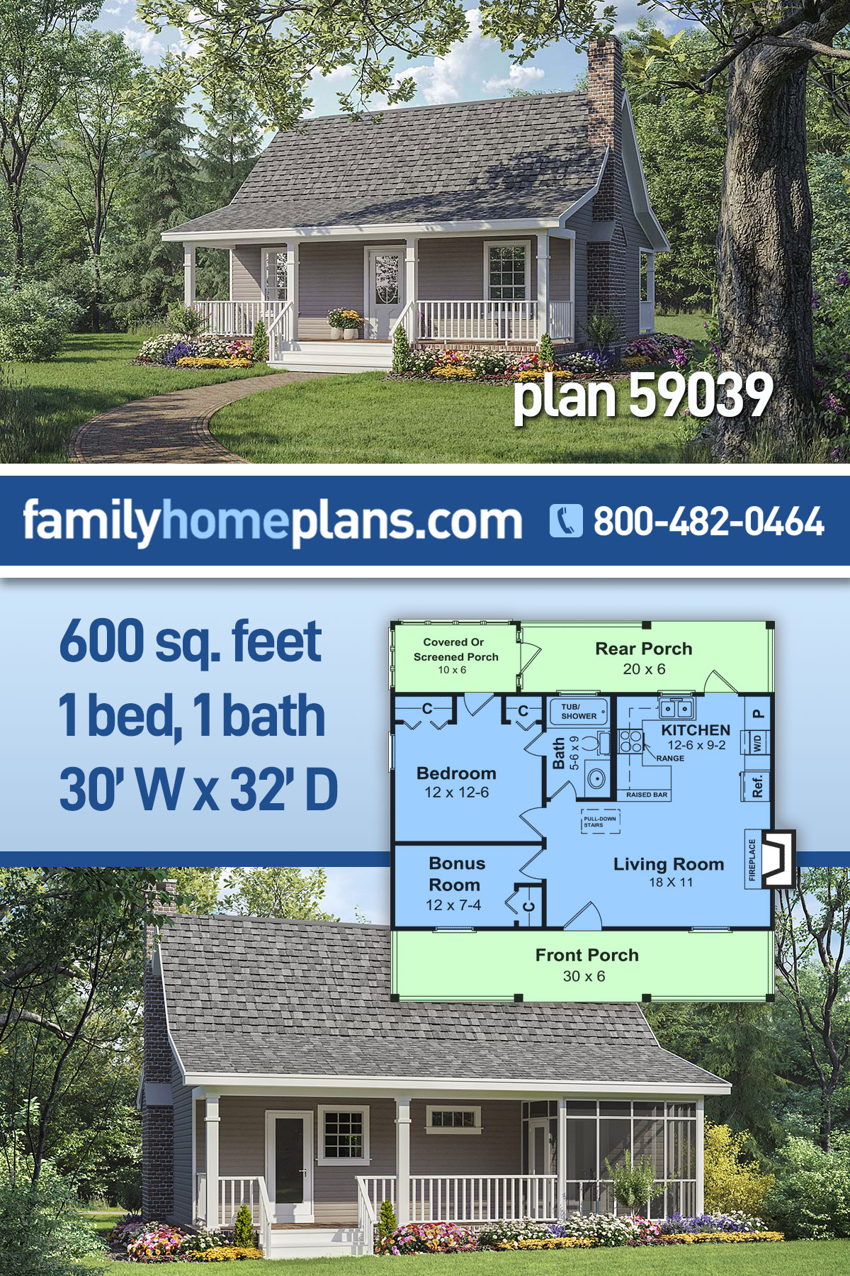 Southern Style House Plan 59039 With 600 Sq Ft 1 Bed 1 Bath