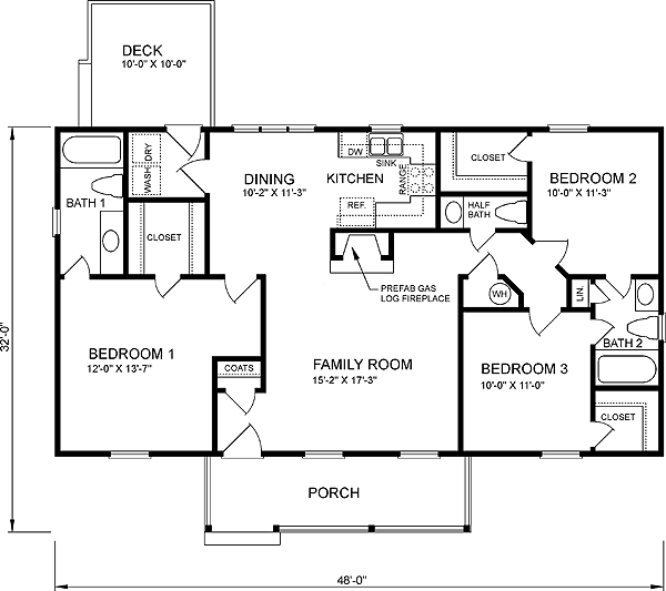 ranch style house plan 45272 with 3 bed, 3 bath