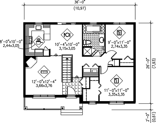  House  Plan  49598 One Story Style with 900  Sq  Ft  2 Bed 
