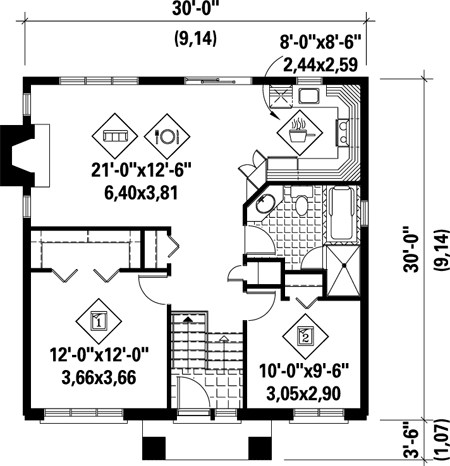 House Plan 49885 - with 900 Sq Ft, 2 Bed, 1 Bath