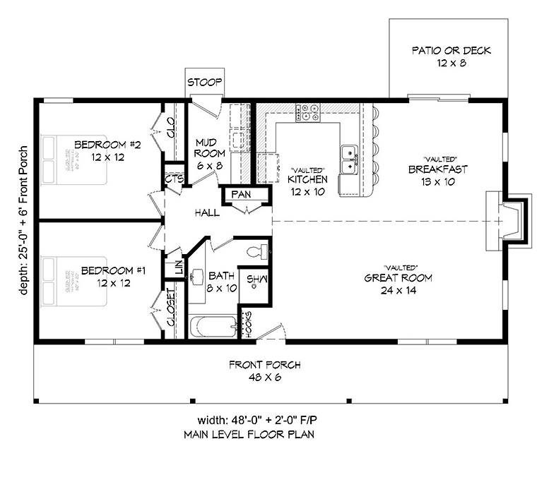 Ranch Style House Plan 51429 With 2 Bed 1 Bath
