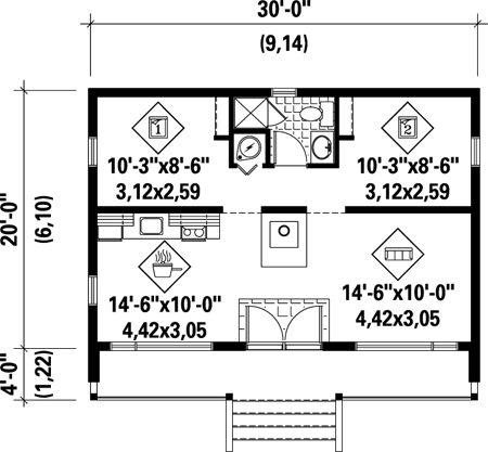 House Plan 52784 with 600 Sq Ft , 2 Bed , 1 Bath
