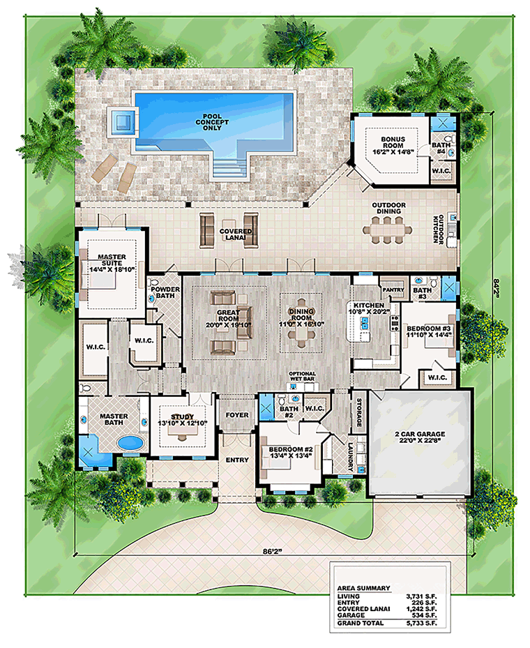 House Plan 52912 Florida Style with 3731 Sq Ft 4 Bed 4 