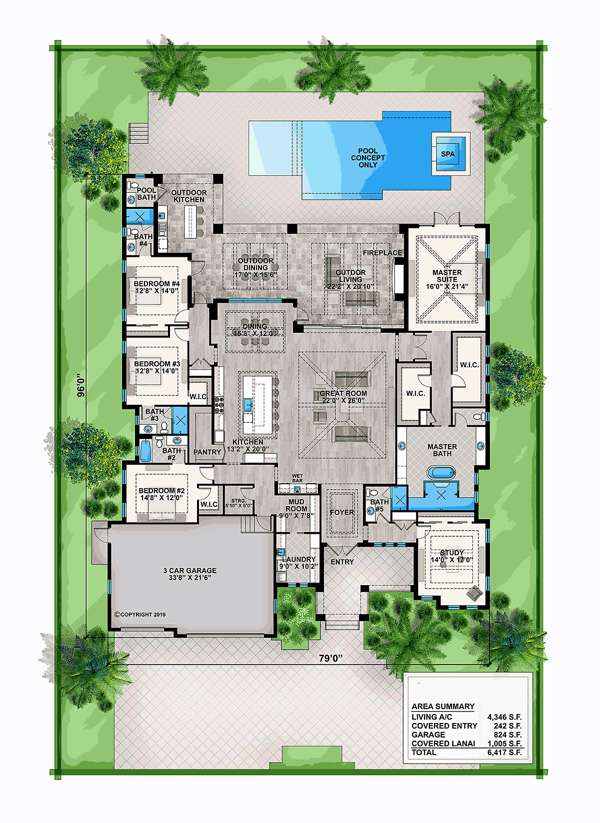 House Plan 52961 Florida Style With 4346 Sq Ft 5 Bed 5 Bath 1 Half Bath,Brown Neutral Living Room Wall Colors