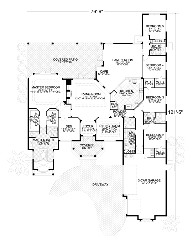 House Plan 55897 OneStory Style with 4265 Sq Ft, 5 Bed