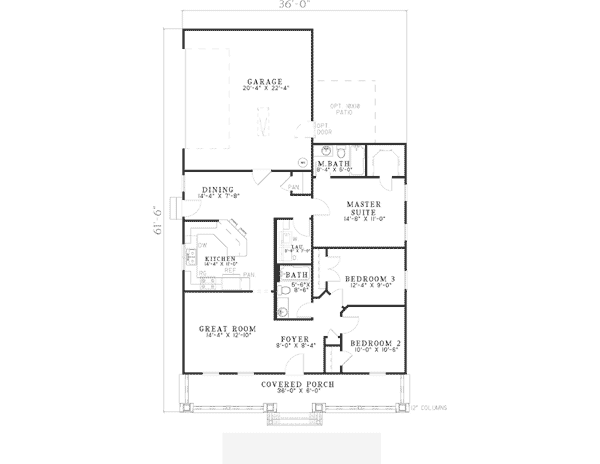 House Plan 62142 - Southern Style with 1248 Sq Ft, 3 Bed, 2 Bath