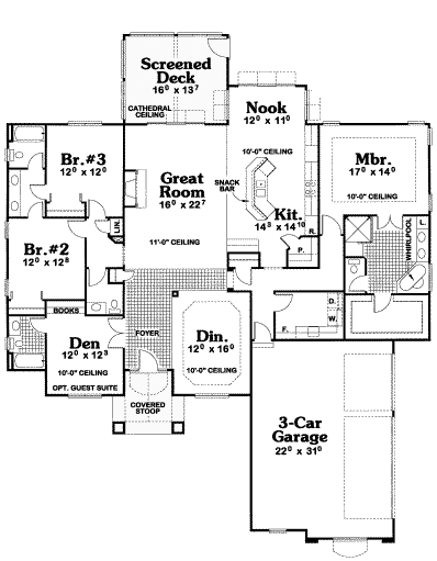 House Plan 68898 - One-Story Style with 2647 Sq Ft, 3 Bed, 2 Bath, 1 ...