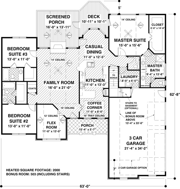 Ranch Style House Plan 74812 with 2000 Sq Ft, 3 Bed, 3 Bath, 1 Half Bath