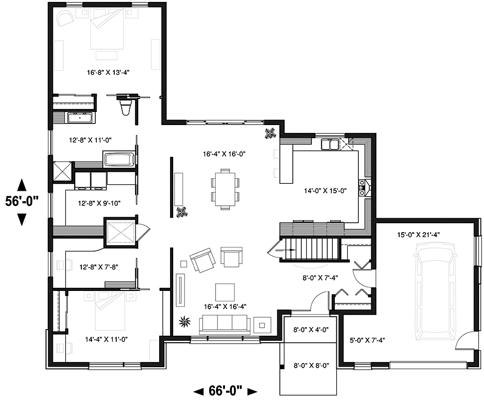 Modern Style House Plan 76517 With 2 Bed 1 Bath 1 Car Garage