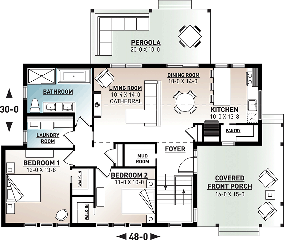 House Plan 76527 - Modern Style with 1200 Sq Ft, 2 Bed, 1 Bath