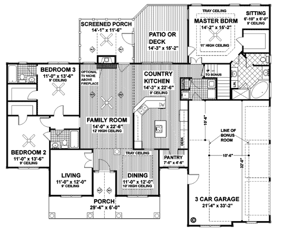 Country Style House  Plan  92444 with 3 Bed 3 Bath