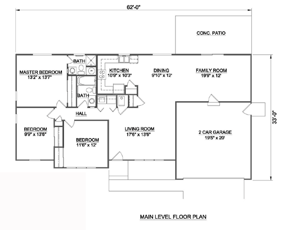 House Plan 94412 - Ranch Style with 1445 Sq Ft, 3 Bed, 2 Bath, 1 Half Bath