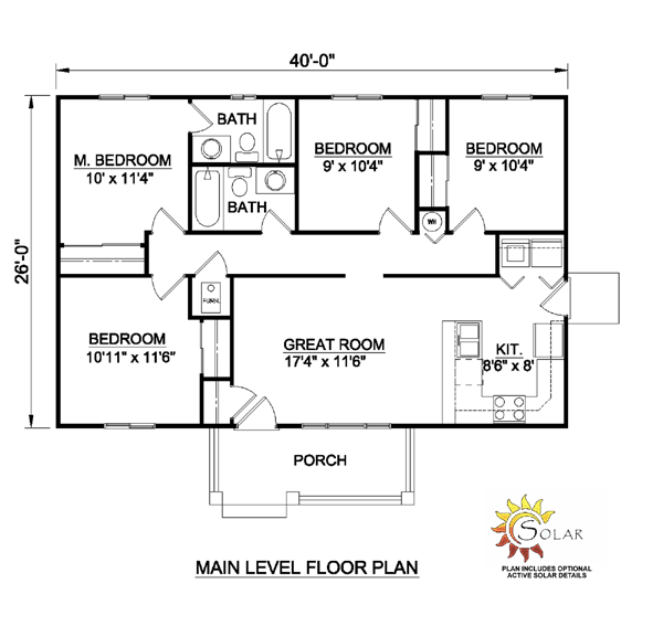  House  Plan  94451 Ranch Style with 1040 Sq Ft 4 Bed 2 Bath
